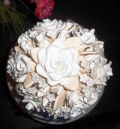 Black and Red Ribbon Cake with White Rose Bouquet - Cake by Joyce Nimmo