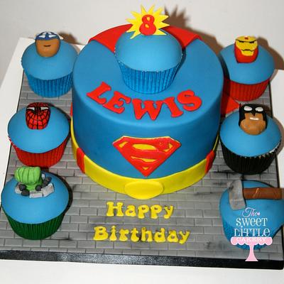 Superman cake and marvel hero cupcakes  - Cake by thesweetlittlecakery
