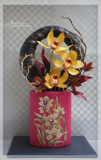 Hand painted Cake with Sugar Cymbidium orchids - Cake by Sweet Symphony