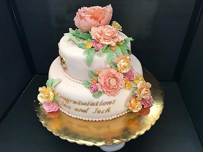 Peony Engagement Cake with Dachsund - Cake by CakeJeannie