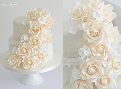 Rose Cascade Wedding Cake & Dessert Table - Cake by Sugar Ruffles