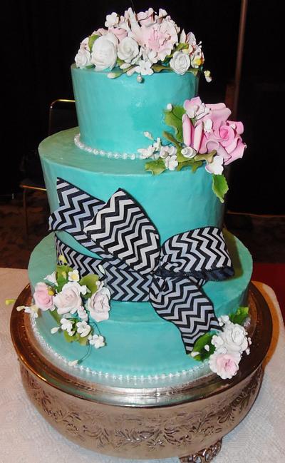 Blue Turquoise buttercream w/ Chevron bow - Cake by Nancys Fancys Cakes & Catering (Nancy Goolsby)