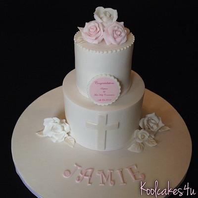 2 tier rose holy communion cake & cupcakes - Cake by Jen C