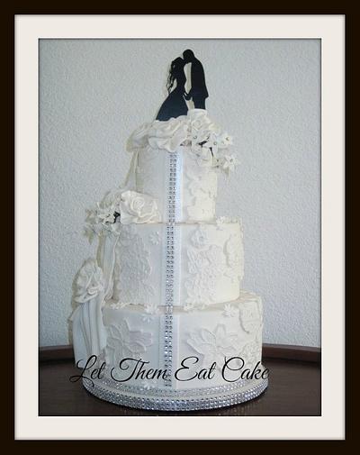 lace applique cake with fabric flowers - Cake by Claire North