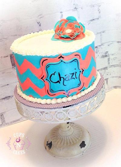 Teal & coral chevron  - Cake by Cups-N-Cakes 