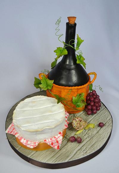 A bottle of wine and a camembert cheese - Cake by Yelena