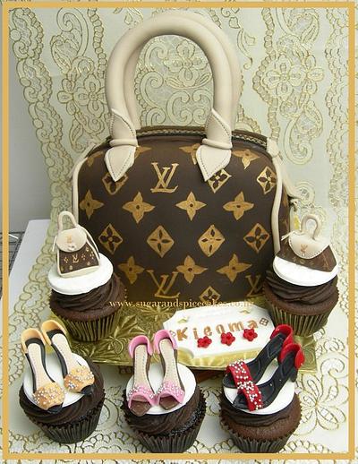 Handbag Cake with Mini handbags cupcakes & mini heels - Cake by Mel_SugarandSpiceCakes