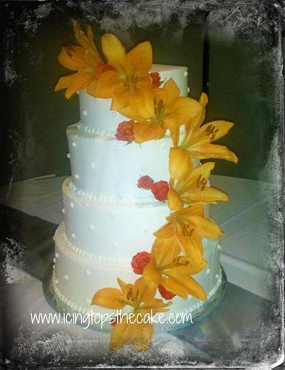 Simple 4 Tier Wedding Cake with Lillies and Roses - Cake by Icingtopsthecake