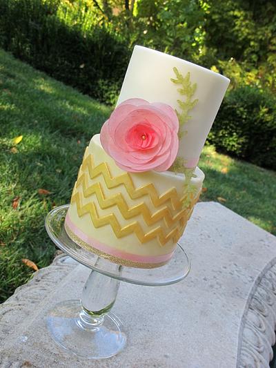 Gold Chevrons & Wafer Paper Flower Cake - Cake by Let's Do Cake!
