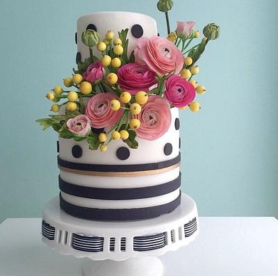 Black and White Polka Dot and Stripe Cake With Sugar Ranunculus - Cake by Alex Narramore (The Mischief Maker)