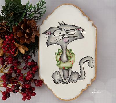 Hand Painted Christmas Cat Cookie - Cake by Bobbie