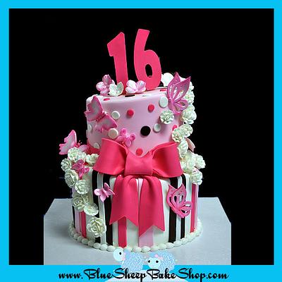 Sweet 16 Pink and Brown Topsy Turvy - Cake by Karin Giamella