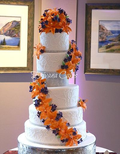 Wedding Cake with orange and purple gumpaste flowers - Cake by erivana