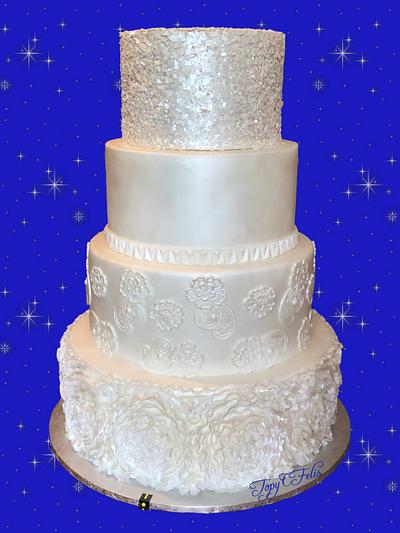 Pearl white wedding cake: ruffles flowers, old lace, simple level and sequin - Cake by Felis Toporascu