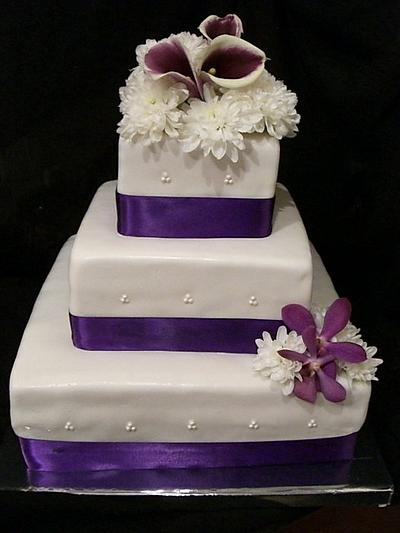 3 Tiered Purple Wedding Cake with Fresh Flowers - Cake by Amanda