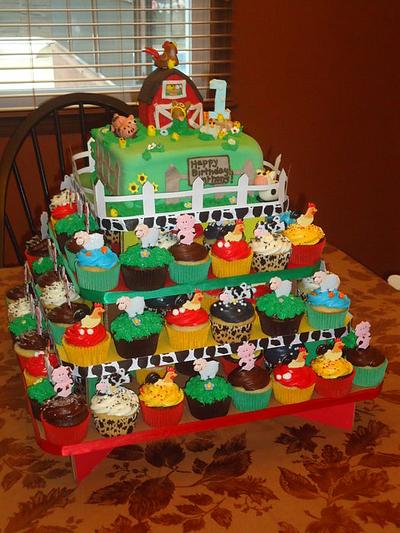 Barnyard Cupcake Tier with Barnyard Cake up Top - Cake by Kristen