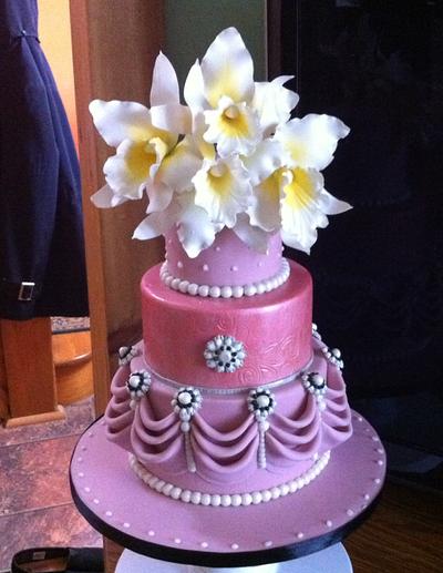 Pink jeweled wedding cake with gum paste cattleya orchids - Cake by Tracy Karp