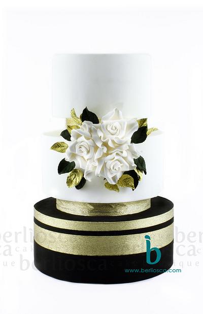 White Roses & Gold Leaves Wedding Cake - Cake by Berliosca Cake Boutique