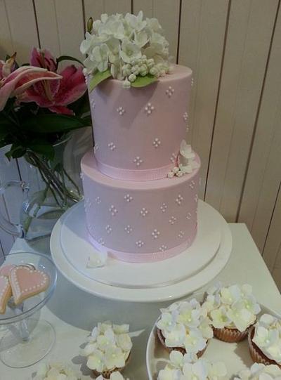 Hydrangea Christening Cake with cupcakes and cookies - Cake by Esther Scott