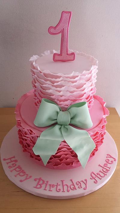 Pink ombre ruffles with minty green bow - Cake by Ester Siswadi
