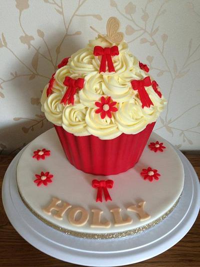 A Beautiful Red Bows & Flowers Giant Cupcake - Cake by Sajocakes