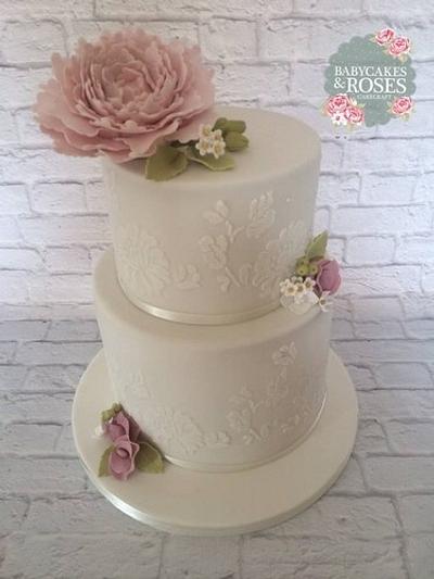 Lace Stencilled & Peony Cake - Cake by Babycakes & Roses Cakecraft
