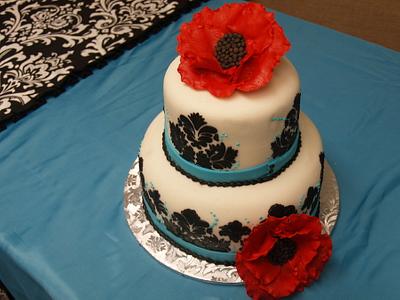 Damask with turquoise accent and Red Flowers - Cake by BeckysSweets