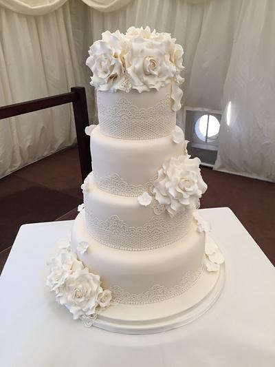 Cream roses and lace  wedding cake  - Cake by Donnajanecakes 