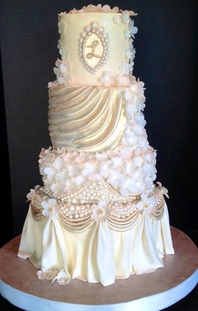 White, Ivory, and Champagne Pearls and Swags Wedding cake - Cake by The Vagabond Baker