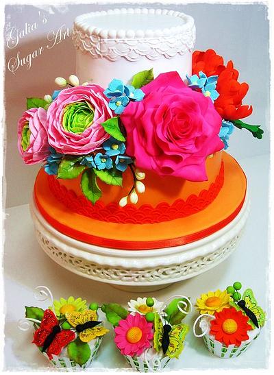 Cake with flowers and cupcakes - Cake by Galya's Art 