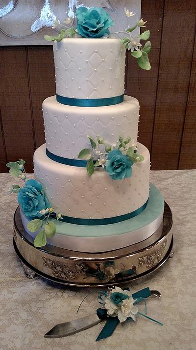 Teal sugar roses for this classic wedding cake.  - Cake by JustSimplyDelicious
