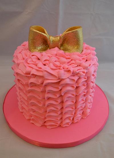 Hot Pink Butter Cream Ruffle Cake with Gold Fondant Bow - Cake by The SweetBerry