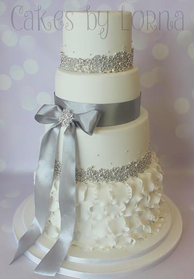 Four tier white and silver wedding cake - Cake by Cakes by Lorna