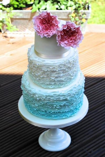Blue Ombre Ruffle cake with pink David Austin Roses - Cake by TLC