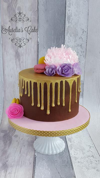 Gold drip cake with wafer paper flowers - Cake by Aurelia's Cake