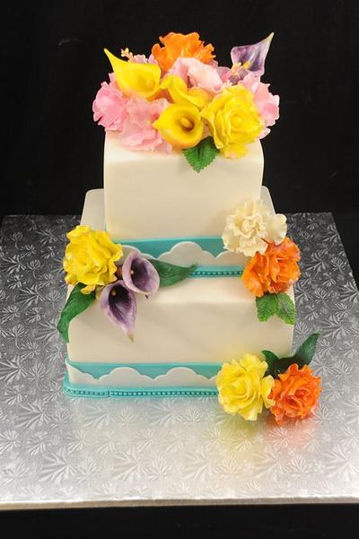 Sugar Flowers and Teal Border - Cake by Sugarpixy