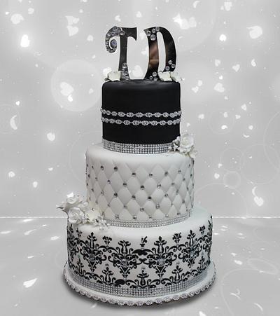 White & Black Tiers with Silver Accents - Cake by MsTreatz