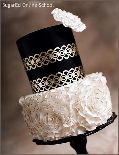 Gold leaf lace and fondant rosettes cake - Cake by Sharon Zambito