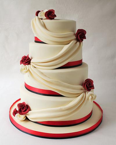 4 Tier Ivory, Red and Black Swag. - Cake by Candy's Cupcakes