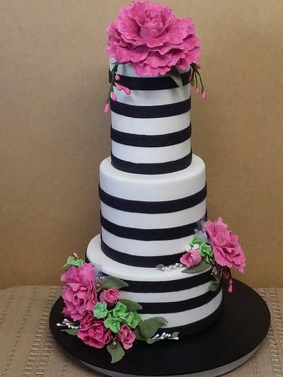 Fuschia Peonies and black stripes - Cake by Sue's Sweet Delights