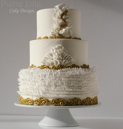 White and Gold Ruffled Wedding Cake - Cake by Pierre Jolie Cake Design