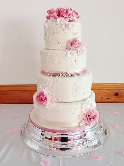 Ivory lace and roses wedding cake - Cake by Claire Lawrence