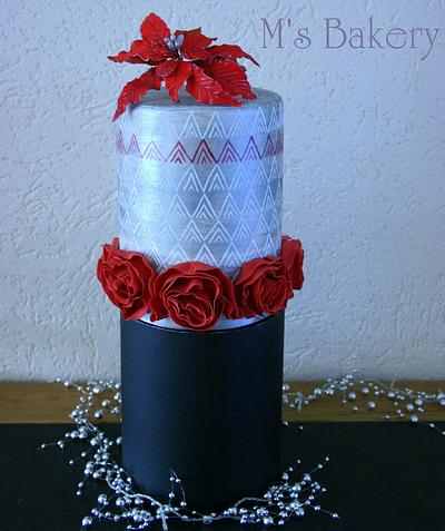 Red Christmas Flowers and Painted Silver - Cake by M's Bakery