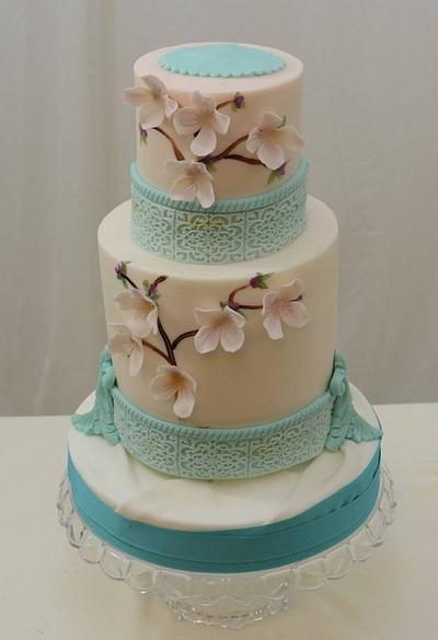 Teal and Cream with Lavender Blossoms - Cake by Sugarpixy