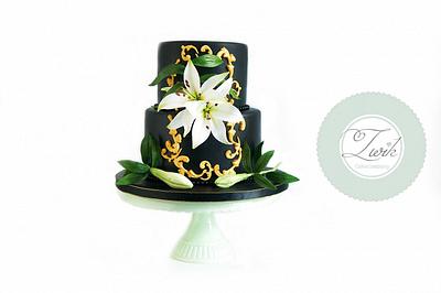 Black wedding cake with white lily - Cake by Mariekez