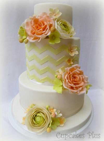 Chevrons, roses and ranunculus - Cake by Janice Baybutt