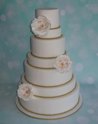 A Big White Wedding Cake With Gold Accents And Peonies. - Cake by SweetDeluxe77