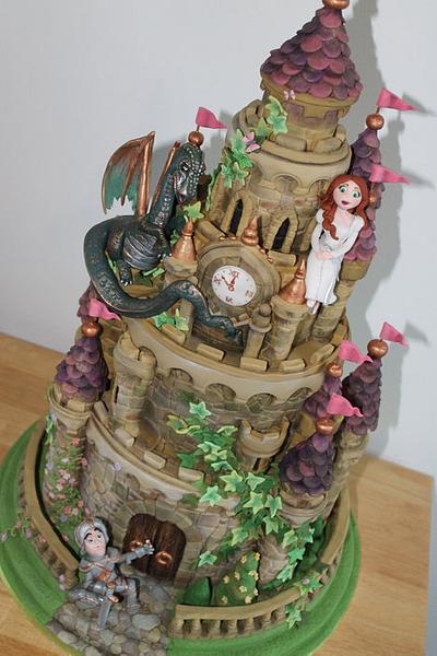 castle cake with added dragon, knight and princess - Cake by Zoe's Fancy Cakes