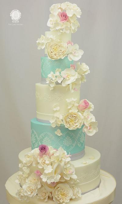 Vintage Wedding Cake in Teal and White - Cake by Sugarpixy
