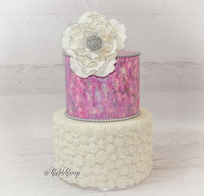 Pink and Silver Crackle Finish and Rose Bas-Relief Design - Cake by CrktCoop